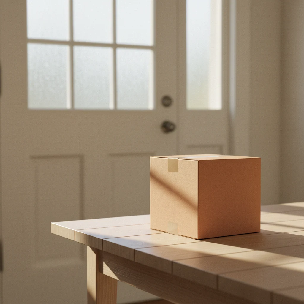A neat kraft parcel box on a table near a bright front door, ready for collection
