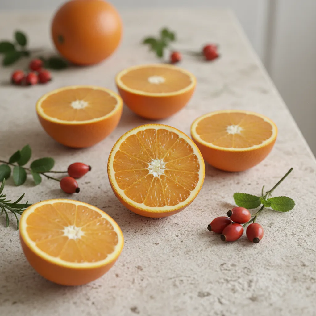 Fresh oranges, rosehip and green leaves arranged on a light stone kitchen surface