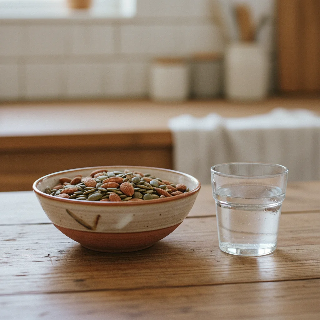 A ceramic bowl of almonds and pumpkin seeds beside a glass of water on a wooden kitchen table