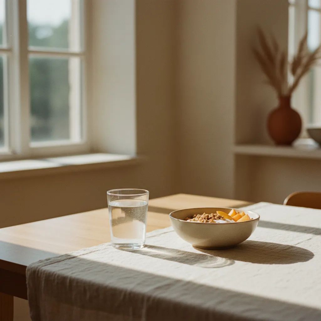 A glass of water beside a light breakfast on a bright kitchen table in the morning